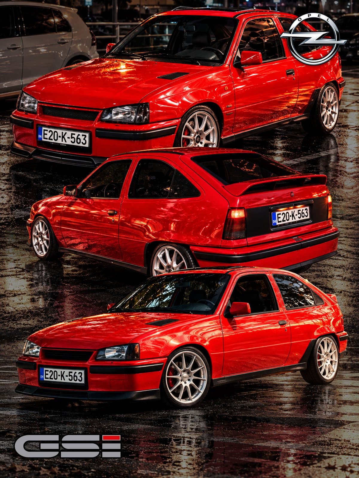 Crveni Opel GSI poster, tri ugla na mokrom asfaltu